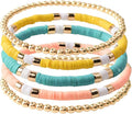 GOOJIDS Surfer Heishi Clay Bead Bracelets for Women Bohemian Stackable Gold Plated Beaded Stretch Bracelets Elastic Layering Friendship Bracelets Set Boho Jewelry