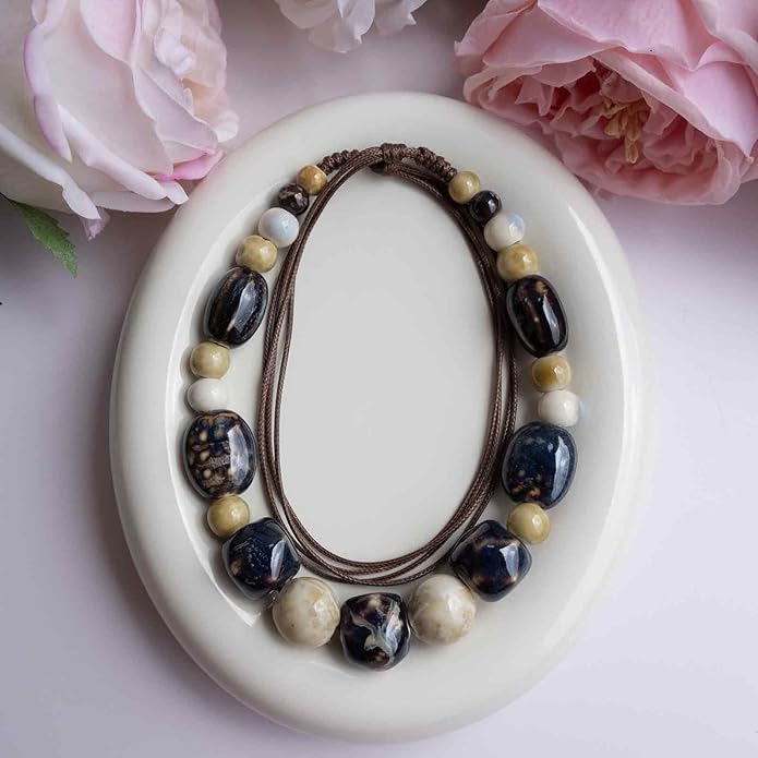 Boho Round Colorful Ceramic Beaded Necklace, Adjustable Hippie Statement Necklace, Handmade Ethnic Jewelry Gift for Women
