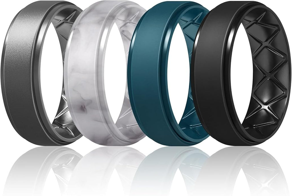 Egnaro Men's Rings 8.5mm Wide-2mm Thick Inner Arc Ergonomic Breathable Rubber Wedding bands-Hypoallergenic for Gym/Outdoor/Gift((1-7 Variety Pack with Half Size)