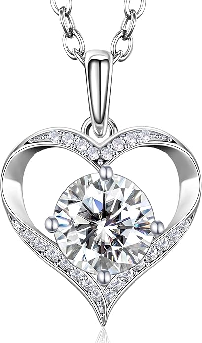 NORBU Moissanite Necklace for Women, 1 CT D Color VVS1 Clarity Round Cut, 925 Sterling Silver Heart Necklace with 18K White Gold Plated, Jewelry Gift for Wedding Anniversary Birthday Christmas Valentine's Day