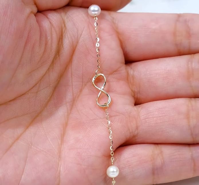 SISGEM 14k Gold Infinity Anklets for Women, Real Pearl Love Knot Ankle Bracelet Jewelry Gifts for Her, 8.6-10.2 Inch