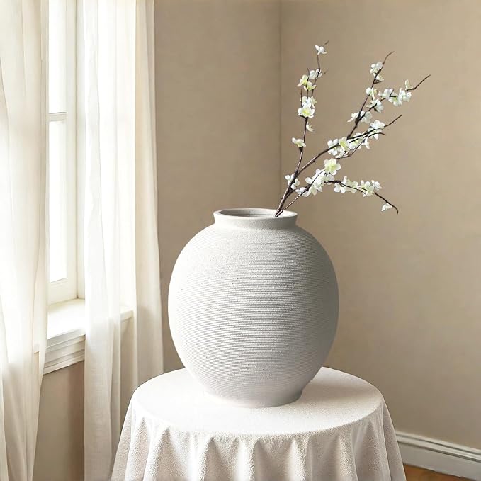 Extra Large White Ceramic Vase, 12.5" H Sandstone White | Round Farmhouse Design - Image 5