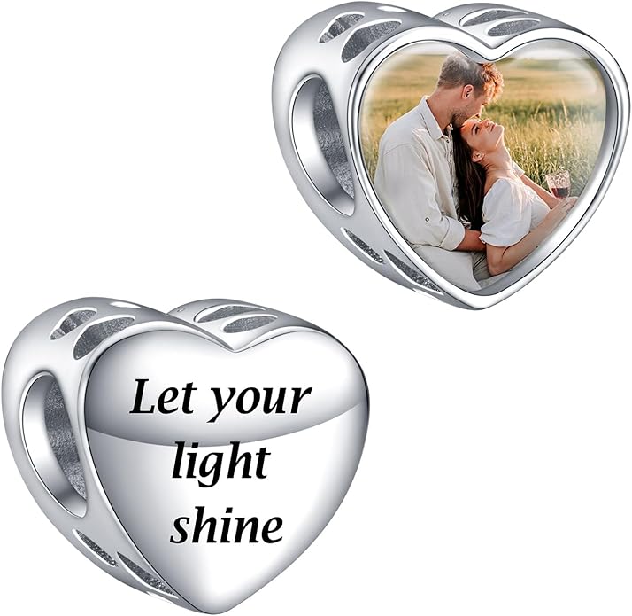 Annmors Personalized Photo Charms For Bracelets/Necklace 925 Sterling Silver Love Heart Shaped Engraved Customize Picture Gift for Birthday Mother's Day,Bead Charms Jewelry for Women