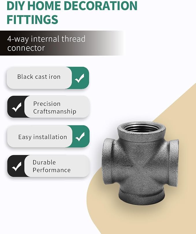 Black Cast Iron Cross Fitting 1/2" Female Thread, 4 Way Industrial Pipe - Image 5