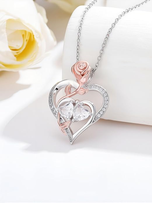 Rose Flower Heart Pendant for Women Birthday Gifts 18k Gold Plated Mother Daughter Necklace with 12 Months Birthstone Christmas Valentines Day Gifts for Her Mom Anniversarry Jewelry for Mom Wife Girlfriend