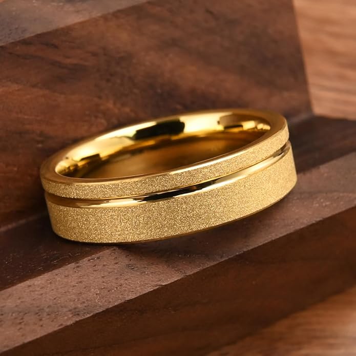Golden Tungsten Carbide Ring for Men Women 8mm/6mm Sandblasted Inlaid Groove Men's Engagement Wedding Bands Fashionable and Luxurious