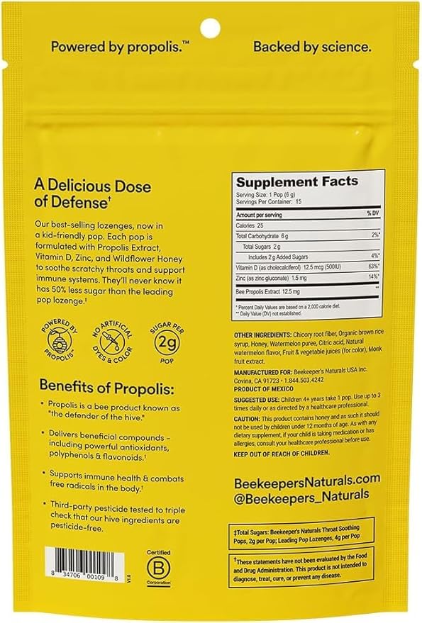 Kids Throat Soothing Watermelon Lollipops, by Beekeeper's Naturals - Doctor Formulated Immune Support, under 2g Sugar, Vitamin D & Honey, 15 ct