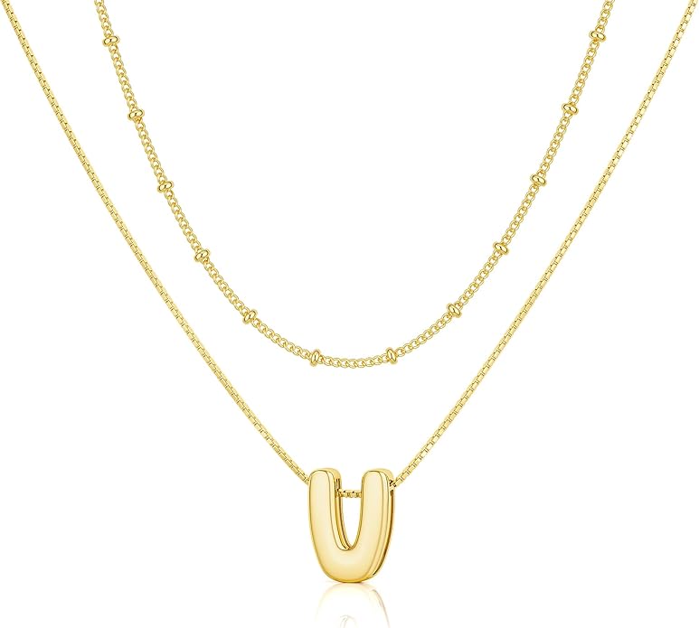 Initial 14K Gold Plated Necklaces for Women, Layered Bubble Letter A-Z Necklace Pendant Choker Necklaces for Women Trendy Monogram Name Necklace Personalized Jewelry for Women