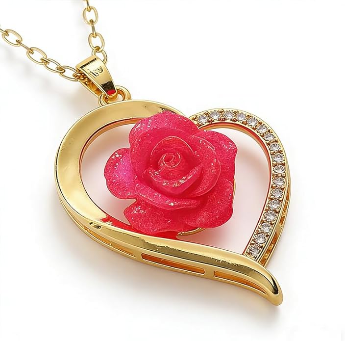 ONLYJUMP Rose Alloy Necklace for Women Heart Pendant Copper Zircon Light Luxury Fashion Jewelry Dainty Romantic Statement Necklace for Daily Wear Ideal Valentine's Day Anniversary Birthday Gift