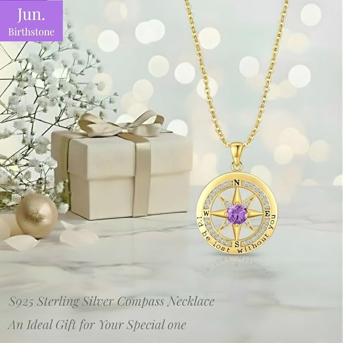 Compass Necklace for Women Wife Girlfriend Mom Daughter Gifts S925 Sterling Silver Jewelry For Anniversary Rose Gold Gifts For Birthday Christmas Mothers Valentines Day 12 Birthstones