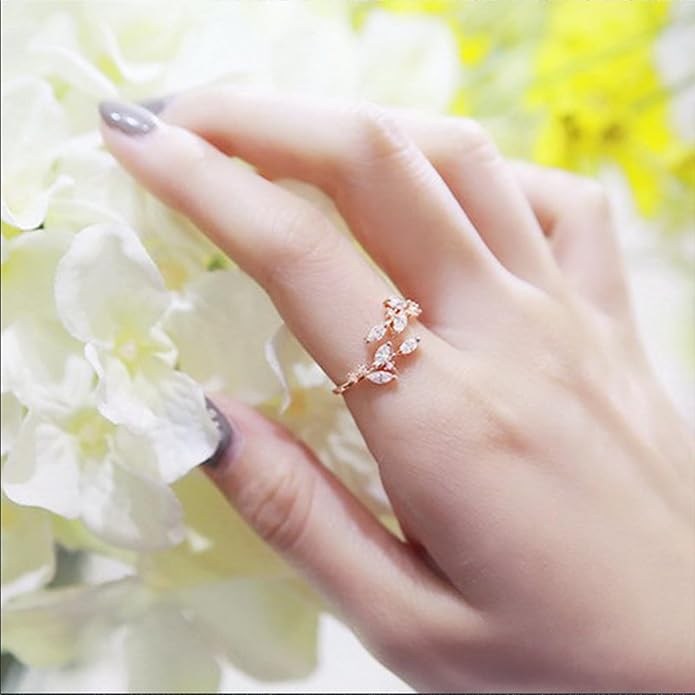 Gold Rings Non Tarnish Silver Adjustable Rings for Women Cubic Zirconia Leaf Ring Dainty Silver Stackable Ring for Women
