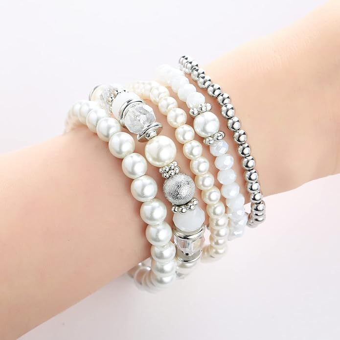 Noessla Beaded Pearl Stretch Bracelet Silver Stackable Crystal Beads Bracelets Trendy Costume Jewelry Mothers Day Gifts for Women