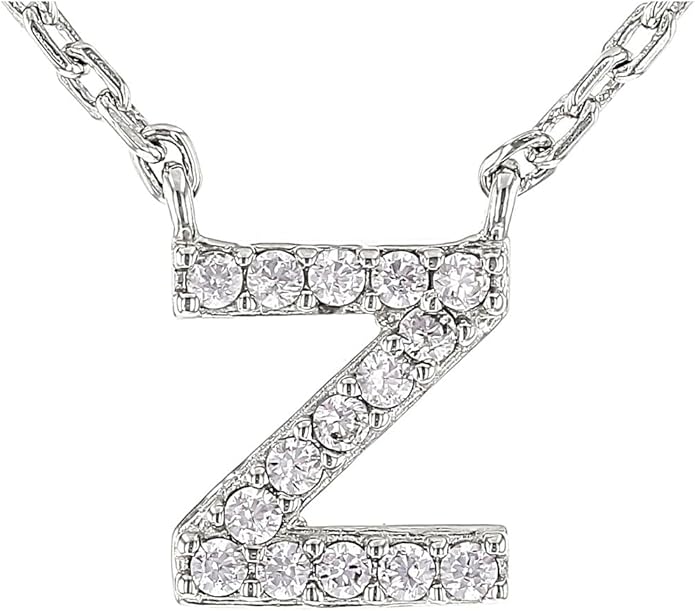 JTV Sterling Silver Initial Necklace for Women, 0.13 CTW White Cubic Zirconia Letter Pendant, Rhodium-Plated, Personalized Monogram Jewelry, Gift Box Included, 18”