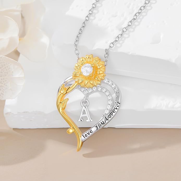 Initial Necklace 925 Sterling Silver Sunflower Heart Letter Pendant Alphabet Anniversary Birthday Jewelry Gifts for Women Mom Girlfriend Wife Her
