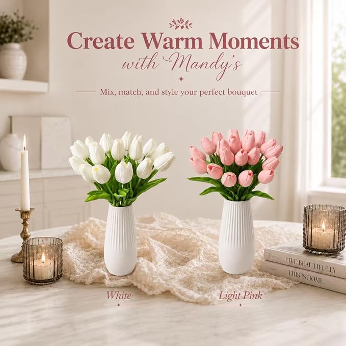 Mandy's 20pcs Artificial Light Pink Tulips | 13.5 Inch Lifelike PU Tulips Faux - Image 8