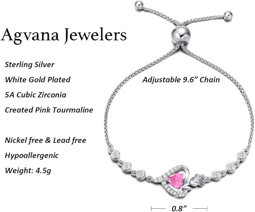 AGVANA Valentines Day Gifts Rosy Reverie Birthstone Bracelet for Women Sterling Silver Genuine or Created Gemstone Tennis Bracelet Rose Heart Jewelry Anniversary Birthday Gifts for Women Mom Wife Her