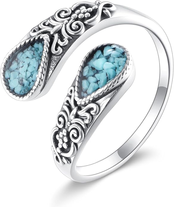 Hummingbird/Dragonfly Turquoise Ring 925 Sterling Silver Floral Spoon Rings Vintage Thumb Band Oxidized Wrap Adjustable Bands Jewelry Gifts for Women Wife Mother Christmas Birthday