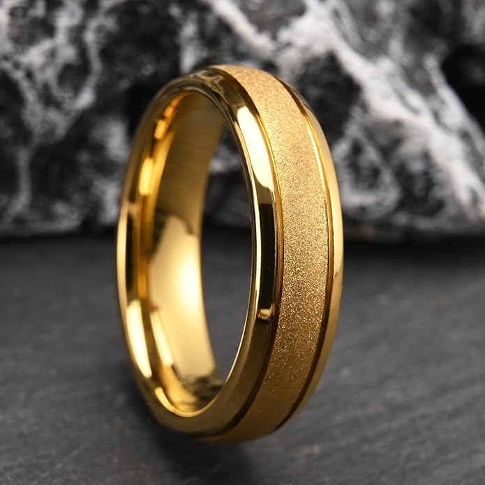 Golden Tungsten Carbide Ring for Men Women 8mm/6mm Sandblasted Inlaid Groove Men's Engagement Wedding Bands Fashionable and Luxurious