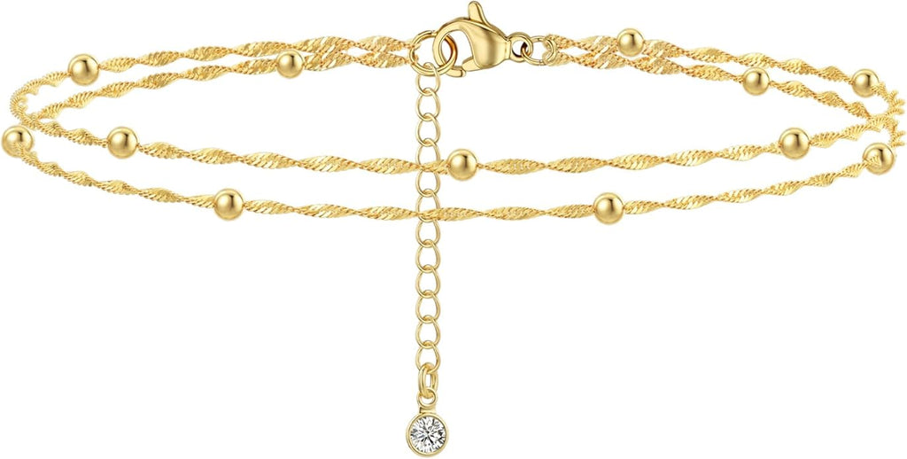 DEARMAY Dainty 14K Gold Plated Ankle Bracelets for Women, Waterproof 14K Gold Plated Link Chain Anklets Non Tarnish Set Pack Summer Beach Jewelry Gift