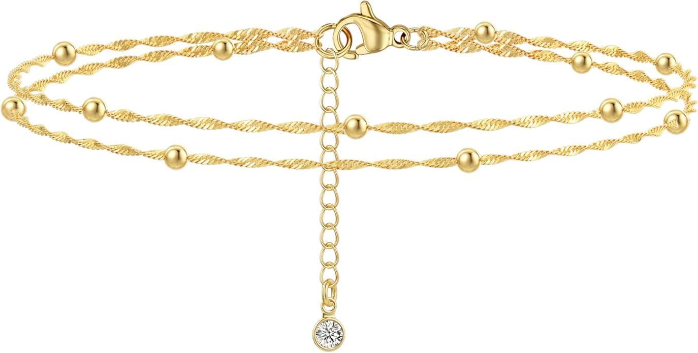 DEARMAY Dainty 14K Gold Plated Ankle Bracelets for Women, Waterproof 14K Gold Plated Link Chain Anklets Non Tarnish Set Pack Summer Beach Jewelry Gift