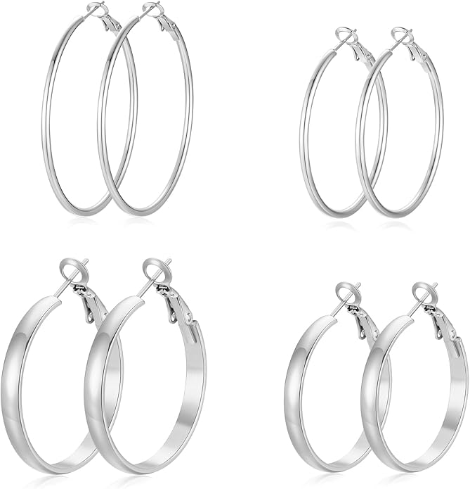 4 Pairs Silver Gold Hoop Earrings for Women | 14K Gold Plated Hoop Earrings Set Hypoallergenic Earring Lightweight Dangle Earrings Set
