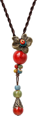 MINACHI Vintage Bohemian Colorful Ceramic Bead Antique Flower Y Necklace, Vintage Boho Hippie Statement Jewelry Gift for Women
