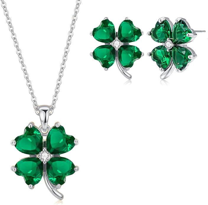 VONSSY Four Leaf Clover Necklace Earrings Shamrock Irish ST Patricks Jewelry Set Gift 18k Gold Plated Green Emerald Zircon Diamond Crystal Lucky Saint Pendant for Woman Wife Girlfriend Mom