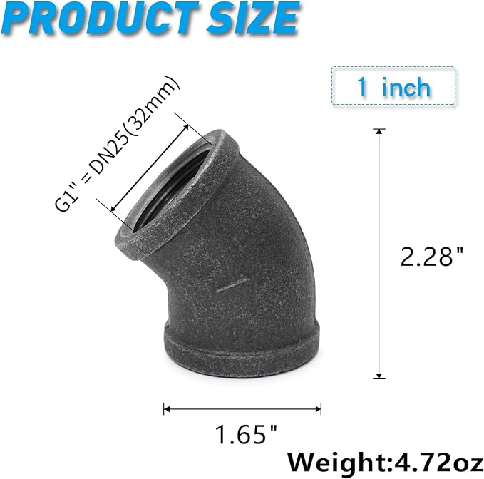 1" 45-degree elbow, Home TZH 30 Pack Female Threaded 45-degree Malleable Cast - Image 2