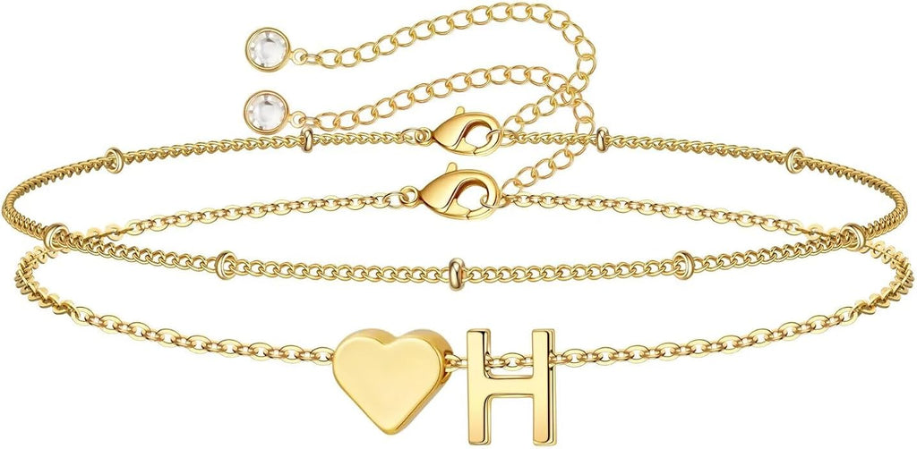 M MOOHAM Valentines Day Gifts for Kids Teen Girls -14K-Gold-Plated Heart Initial A-Z Bracelets for Women Girl Dainty Gold Bracelets Birthday Valentines Gifts for Women Her Teenage Girls Kid Teen Gift