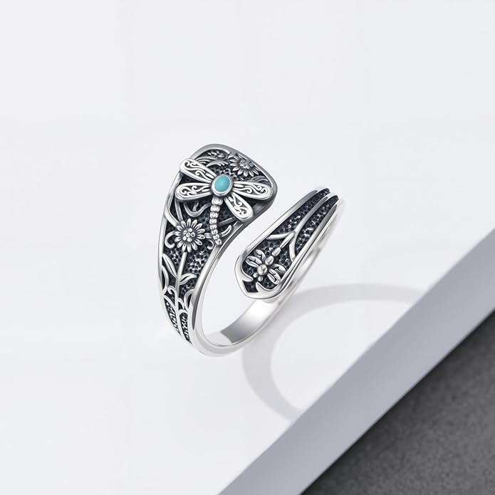 Spoon Ring for Women S925 Sterling Silver Dragonfly Ring Adjustable Thumb Rings Jesus Fish Rings Spoon Jewelry for Brithday Christmas