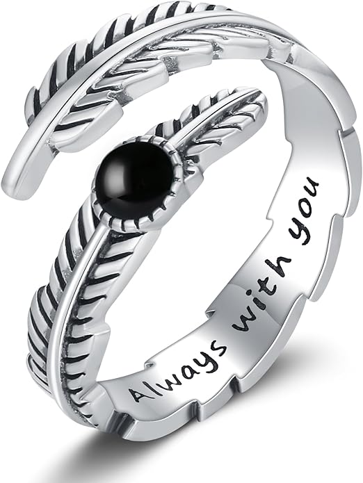 Turquoise/Moss Agate/Moonstone/Black Onyx/Lapis Lazuli/Labradorite/Tiger Eye Feather Ring 925 Sterling Silver Adjustable Ring Western Thumb Rings Vintage Jewelry Gifts for Women