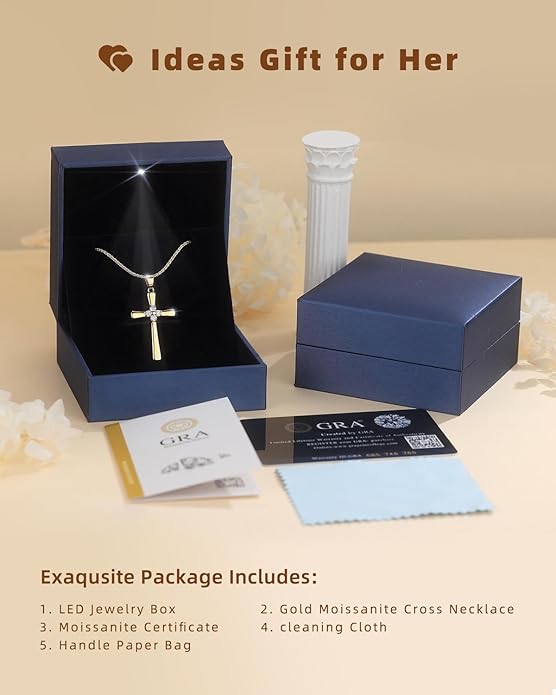 Gold Moissanite Cross Necklace for Women Wife in Light-Up Gift Box,Love Card - Women Anniversary Birthday Gifts Ideas for Wife Her Girlfriend, Christian Cross Chain Jewelry 1CT (18K Real Gold Filled)