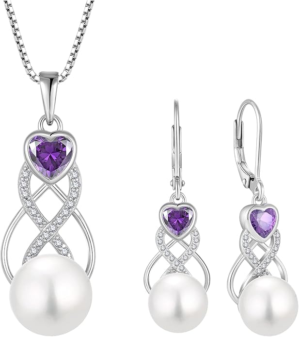 Pearl Earrings Necklace Jewelry Set for Women 925 Sterling Silver Heart Amethyst Freshwater Pearl Jewelry
