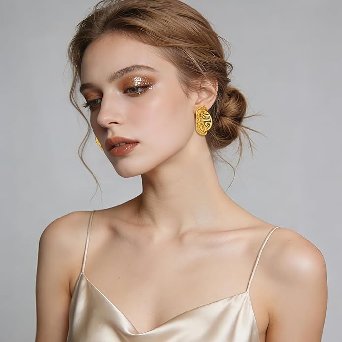 Gold Statement Stud Earrings for Women – 18K Gold Plated Abstract Hollow Leaf Earrings, Chunky Fan Shell Post Studs, Vintage Polished Cutout Flower Jewelry Gift