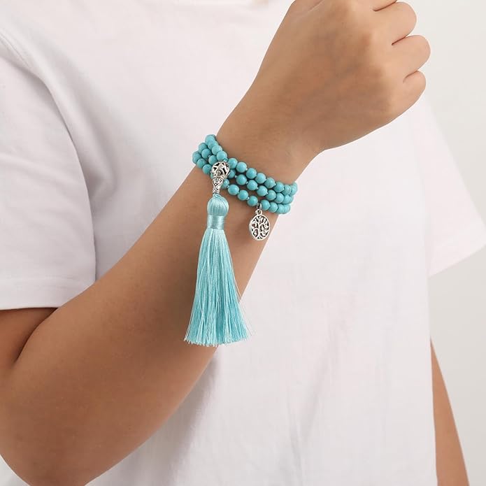 INBLUE 108 Mala Prayer Beads Wrap Necklace with Long Tassel Boho Necklace for Women Amazonite Bead Bracelet with Spiritual Tree of Life Pendant 108 Beads Necklace for Meditation