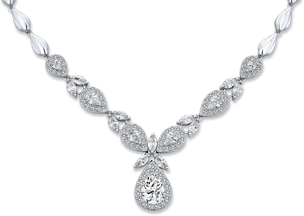 Bridal Jewelry Set Art Deco Vintage Estate Style Cubic Zirconia Marquise Leaf Teardrop AAA CZ Statement Cleavage Choker Necklace & Chandelier Dangle Clip On Or Pierced Earrings For Women Pageant