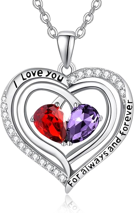 Valentine's Day Gifts for Wife 925 Sterling Silver Double Birthstone Pendant Necklaces I Love You for Always and Forever Necklace Anniversary Birthday Gifts for Wife Girlfriend Mom Her