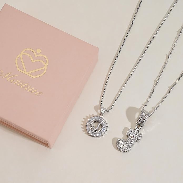 Initial Letter Necklace for Women 14k White Gold Silver Plated Dainty Necklaces Trendy Chunky Custom Layered Necklace Set Personalized Round Circle Zirconia A-Z Letter Chain Pendant Jewelry Gift