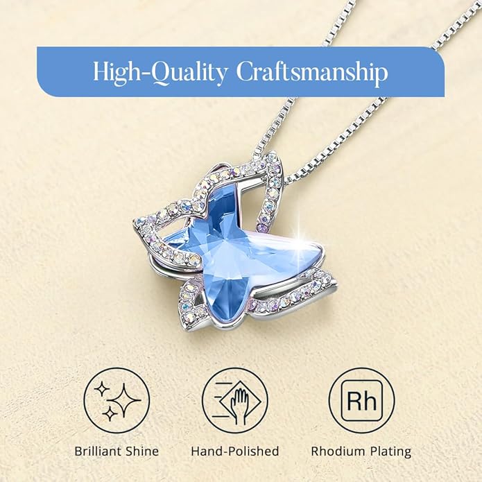 Valentine's Day Gift Butterfly Birthstone Crystal Necklace, Silver Tone with 18”+2” Chain, Necklace for Mother’s Day Anniversary Birthday Gifts for Women and Daughter