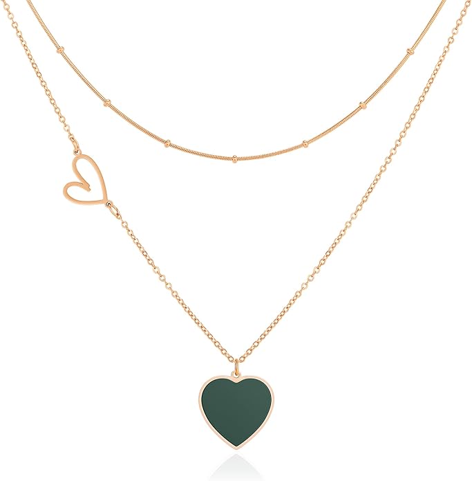 Linawe Layered Choker Heart Pendant Necklace for Women Trendy, Gold/Silver/Rose Gold Chain Stainless Steel Stacked Necklaces, Double Heart Necklace Y2K Preppy Jewelry