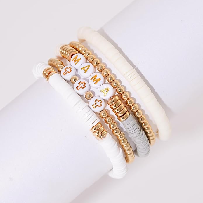 GOOJIDS Surfer Heishi Clay Bead Bracelets for Women Bohemian Stackable Gold Plated Beaded Stretch Bracelets Elastic Layering Friendship Bracelets Set Boho Jewelry