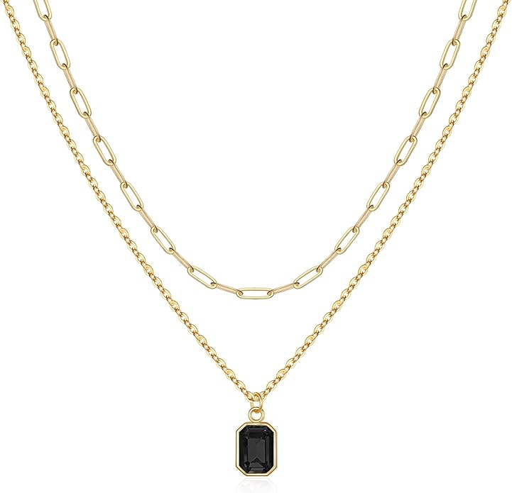 Layered Birthstone Necklace for Women Girls, 14K Gold-Plated Paperclip Chain Choker Necklace with Rectangle Birthstone Pendant Birthday Gifts for Women Girls Dainty Small