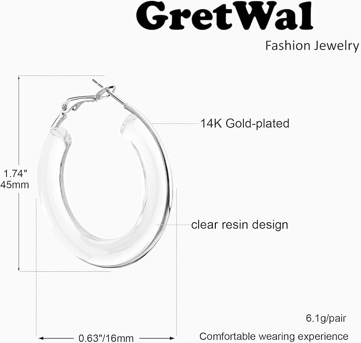 Acrylic Hoop Earrings Sterling Silver Lucite Clear Resin Rectangle Transparent Hoops for Women
