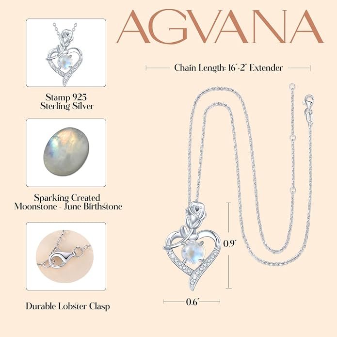 AGVANA Valentines Day Gifts Rosy Reverie Birthstone Necklace for Women Sterling Silver Genuine or Created Gemstone Rose Flower Heart Pendant Necklace Anniversary Birthday Gifts for Women Mom Wife Her