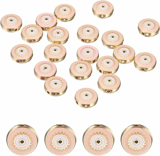 MECCANIXITY 20 Pcs Flat Round Evil Eye Beads Colorful Flat Loose Spacer Evil Eye Charms for DIY Bracelet Earrings Necklace Crafts Jewelry Making, Pink