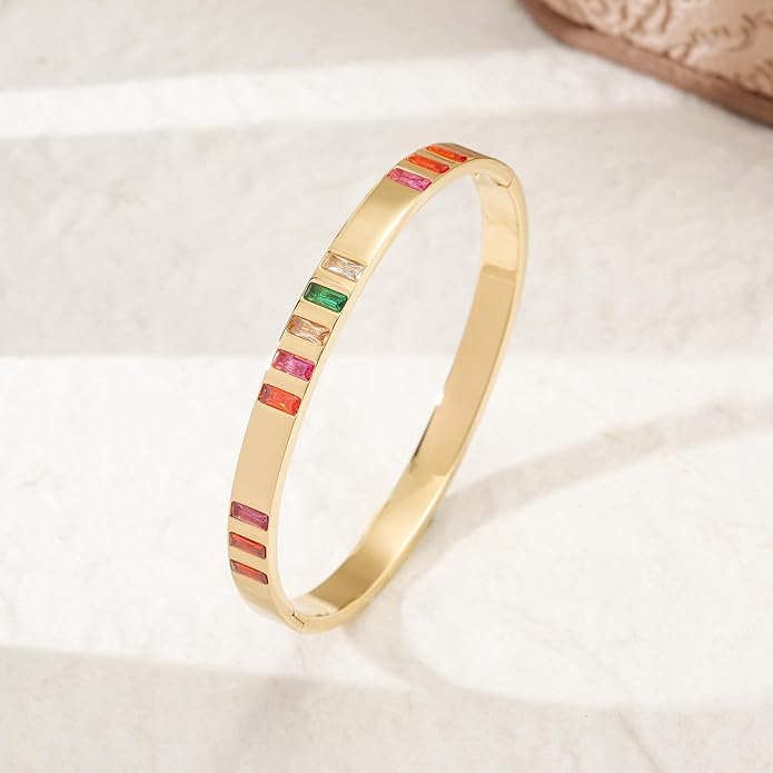 CIUNOFOR 14K Gold Plated Bangle Bracelet for Women, Colorful CZ Stone Inlay Hinged Bracelet, 7 Inch Inner Circumference, Fits 6.5–7.0 Inch Wrist, Slim Statement Jewelry