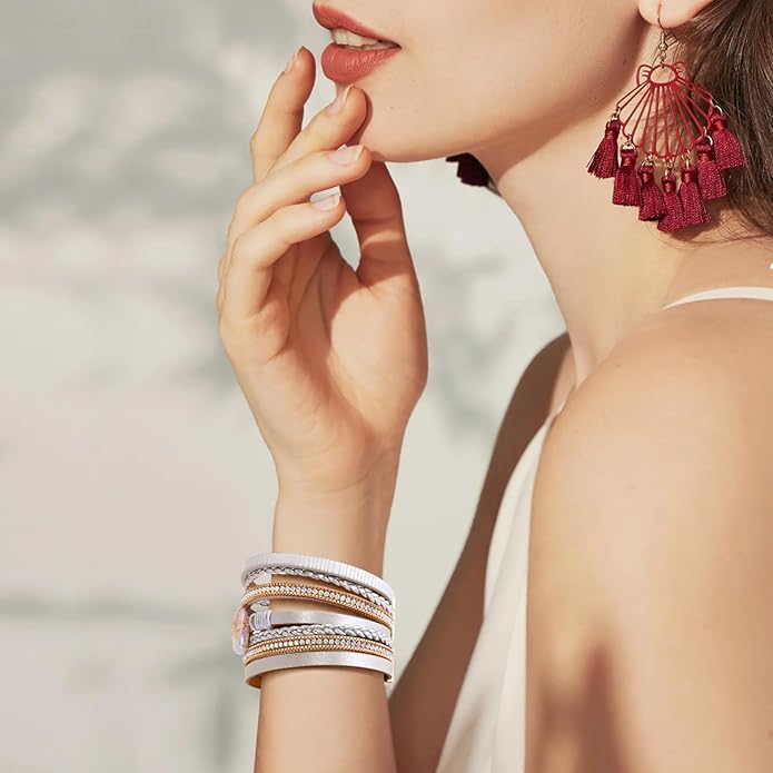 Wrapped Bracelets for Women,Leather Bracelet,Boho Bracelets for Women,Multi-Layer Pearl Crystal Bracelet Bangle Jewelry