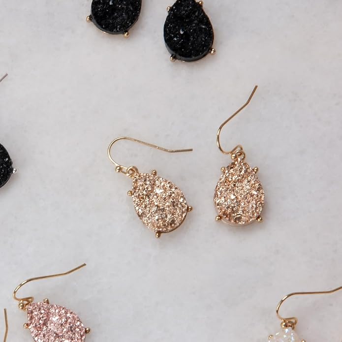 Teardrop Dangle Earrings for Women with Simulated Druzy Stones in Gold or Silver Tone
