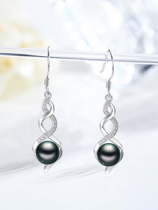 Tahitian Black Pearl Earrings Gifts for Women Wife Celtic Dangle Drop Earrings Wedding Birthday Anniversary Jewelry Valentines Christmas Day Gifts 925 Sterling Silver