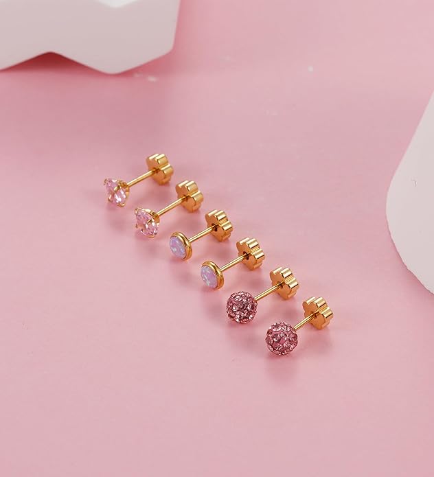 4Pairs 14K Gold Stud Earrings for Women Girls 316L Stainless Steel Hypoallergenic Earrings 20G Flat Back Handmade Nap Earrings Cute Screw Back Opal Heart Star Cartilage Earrings